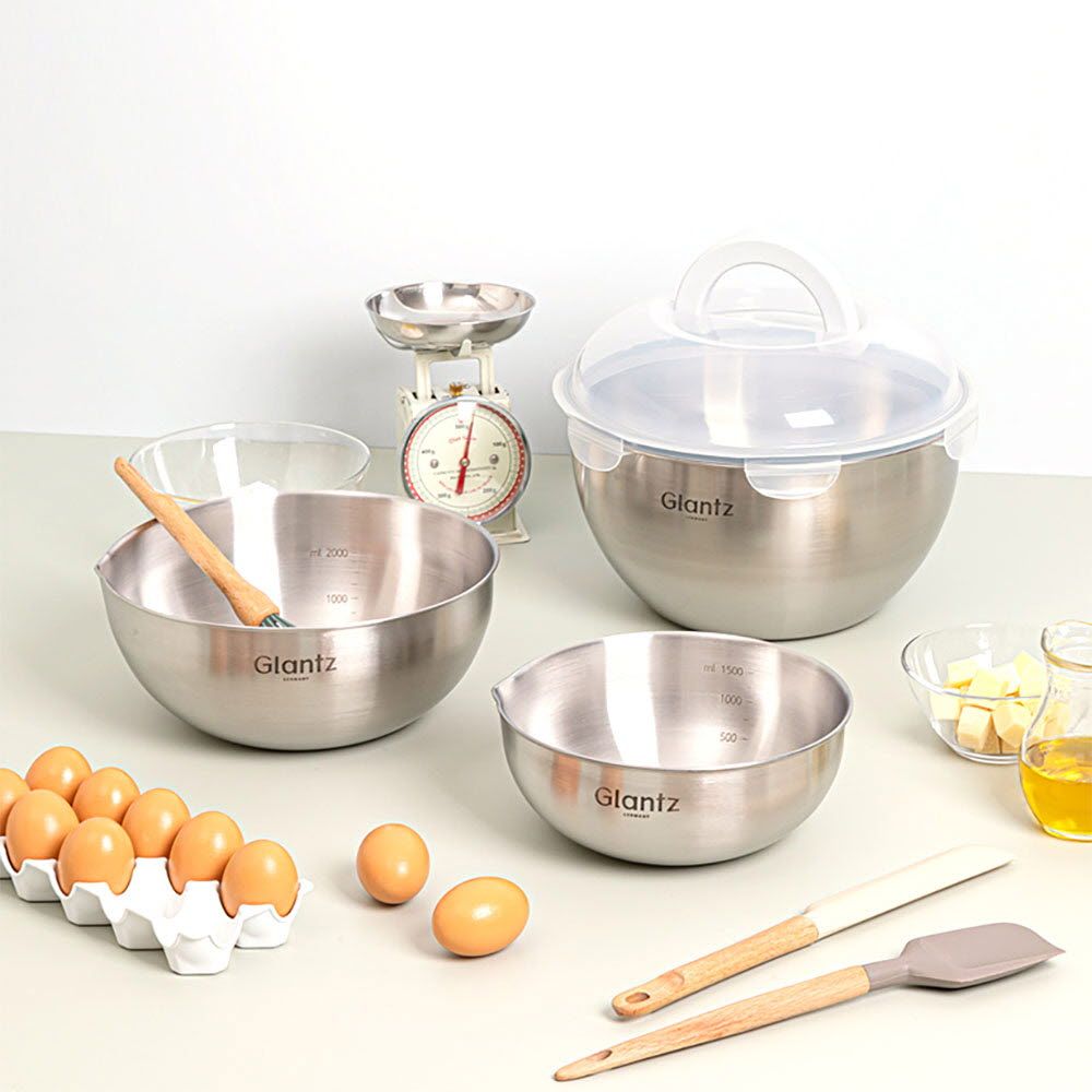 [M.v.Eisenberg] Glantz Stainless Steel Mixing Bowl Set | 3 Sizes | Nesting Design with Pour Spout for Easy Pouring & Storage - Made in KOREA